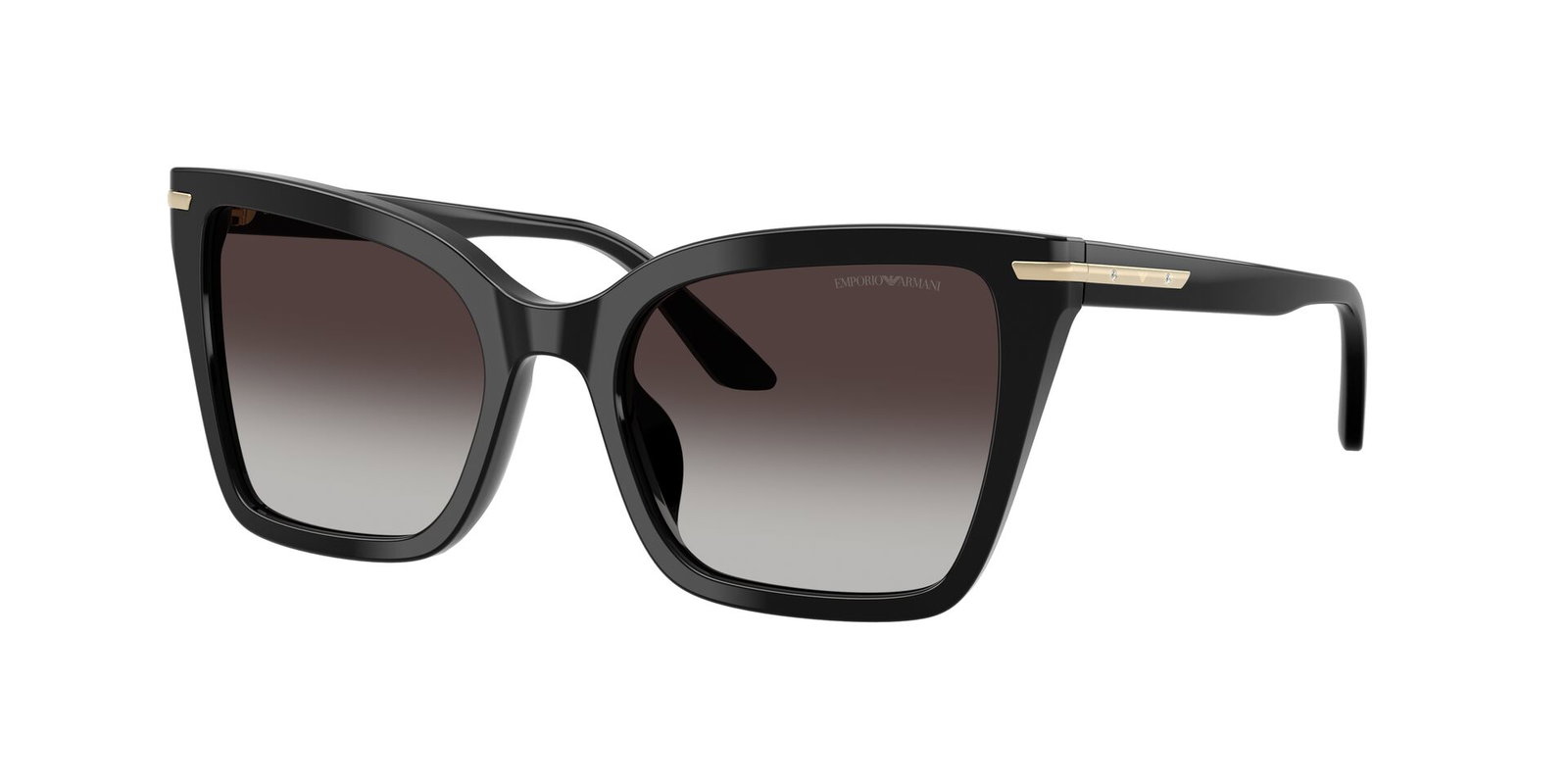 Das Bild zeigt die Emporio Armani Sonnenbrille EA4273BU in schwarz glänzend leicht seitlich.